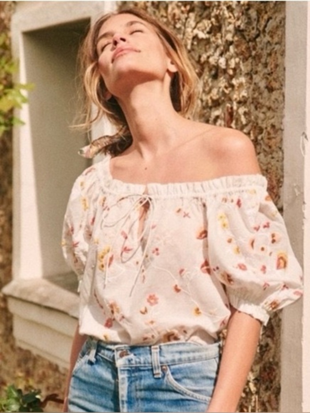 Sezane White Floral Off-Shoulder Blouse